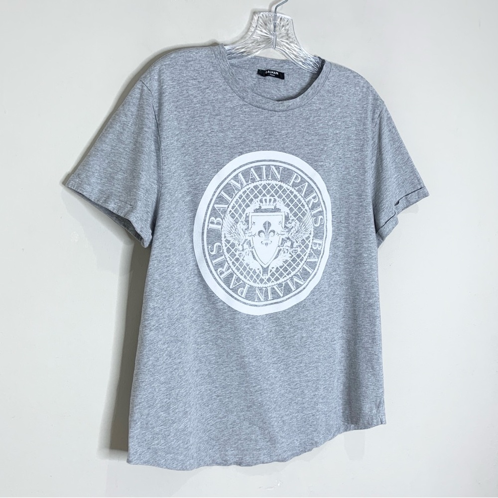 Balmain Flocked Coin Medallion Logo T-Shirt (Sz XL) Short Sleeve Tee Grey - Picture 3 of 16